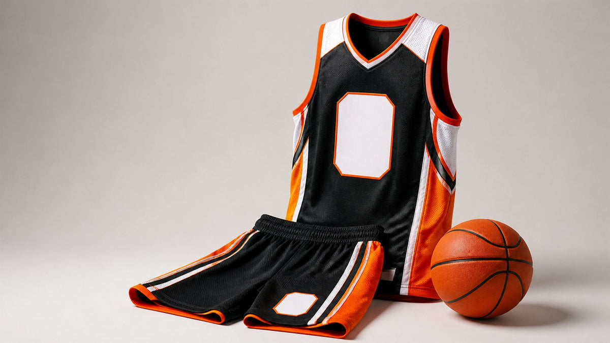 Premium custom basketball uniform set in black, white, and orange