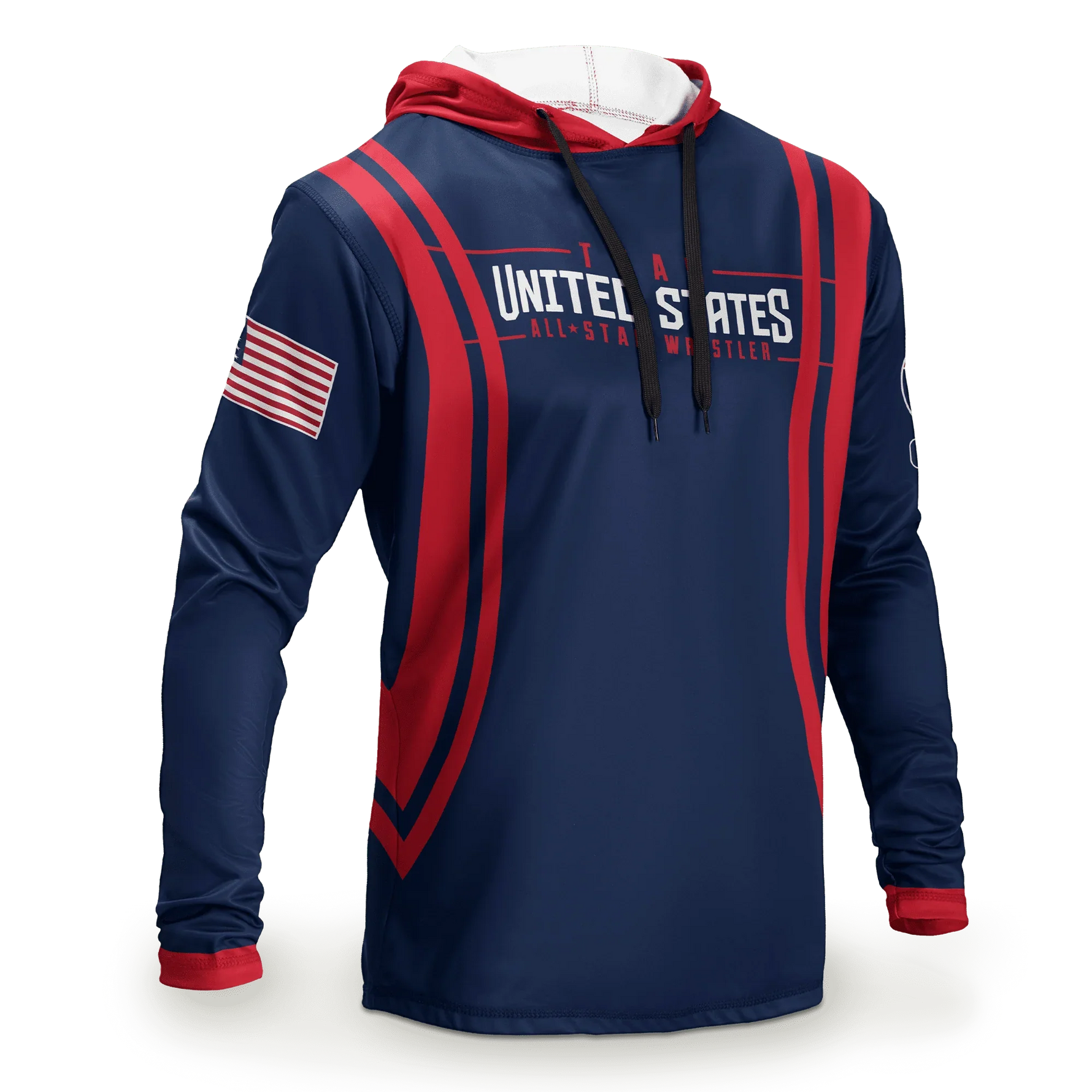 A custom sublimated team hoodie from Cliff Keen, photographed flat against a plain background