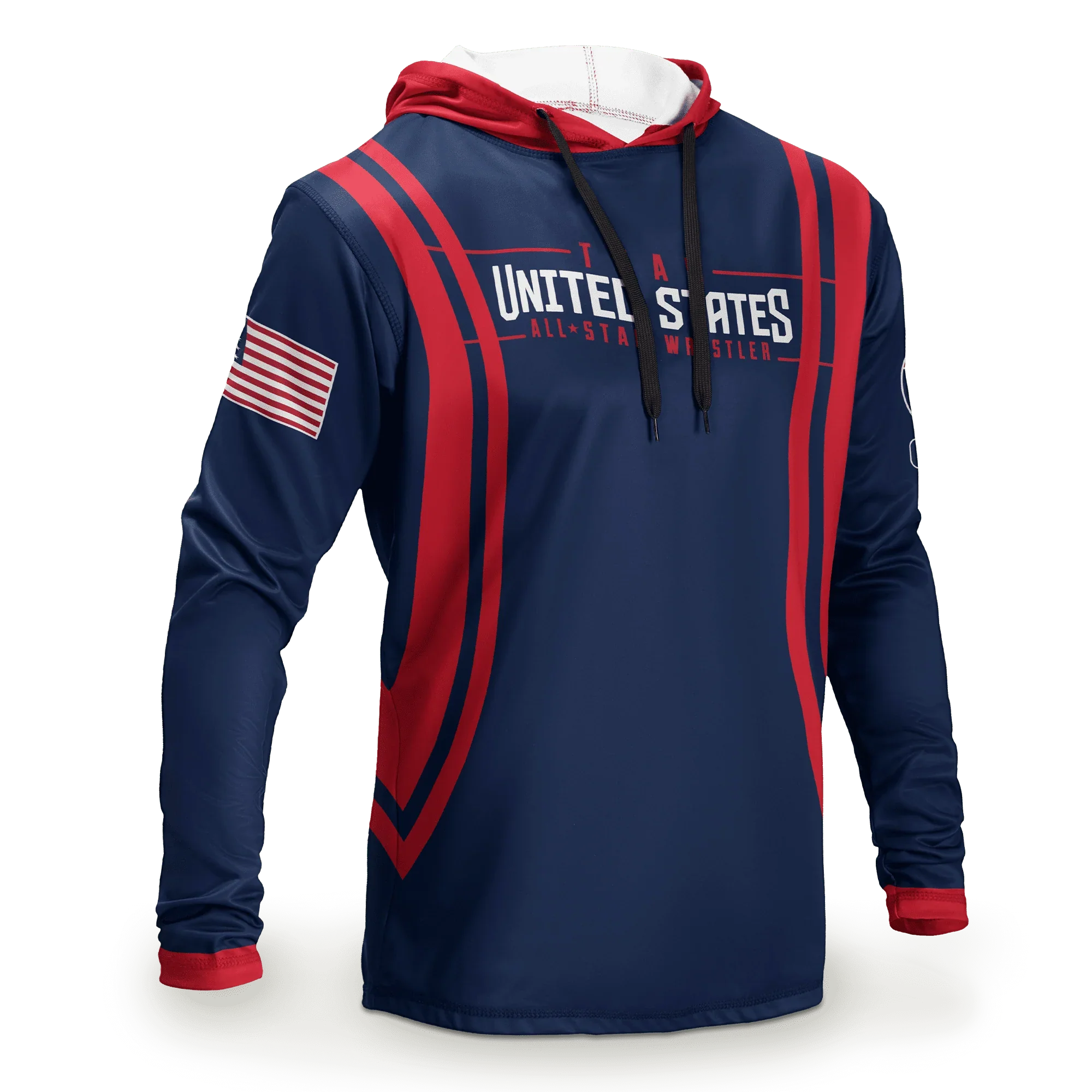 A custom sublimated team hoodie from Cliff Keen, photographed flat against a plain background