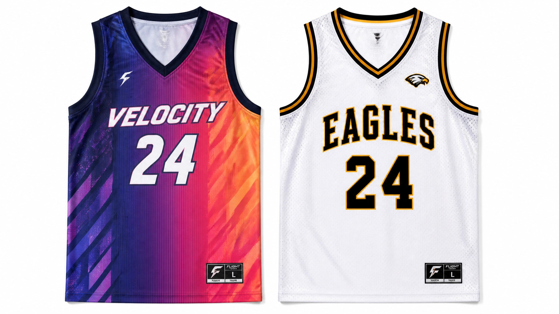 Two sublimated basketball jerseys numbered 24, one with a purple-to-orange gradient and one in white