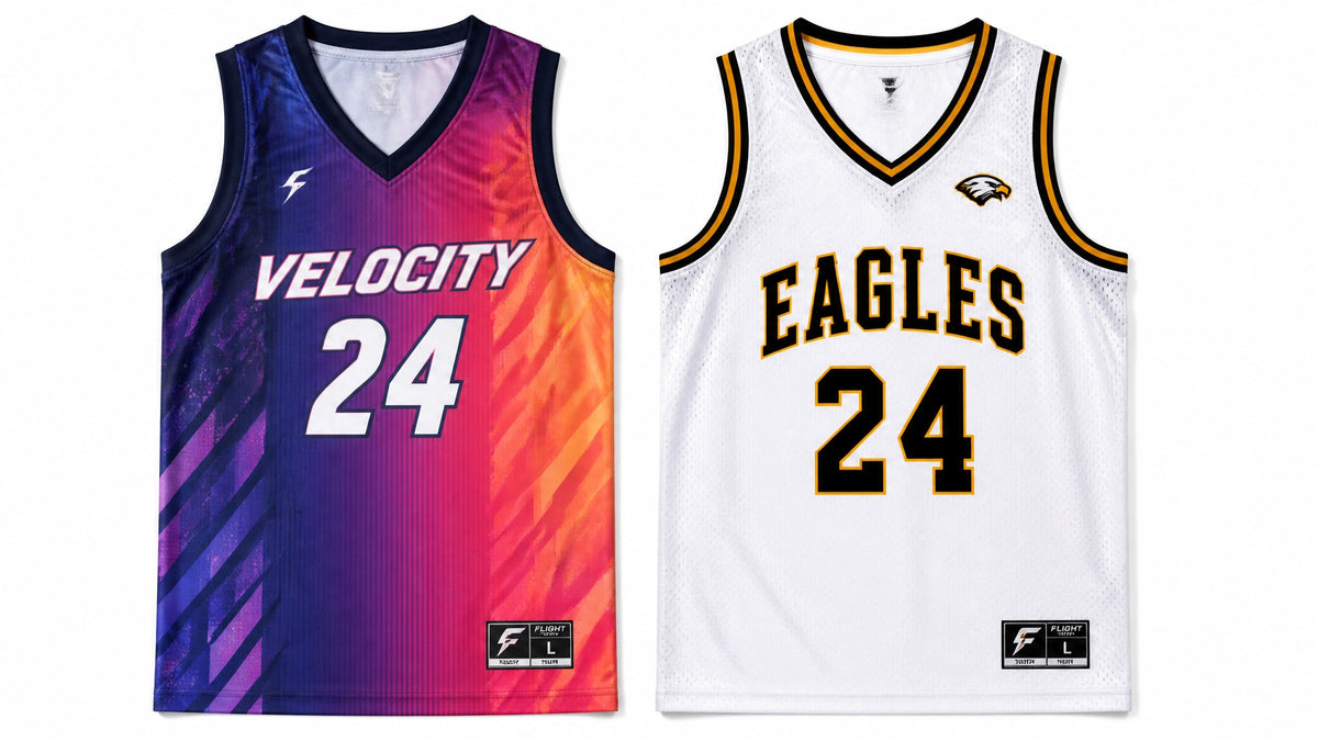 Two sublimated basketball jerseys numbered 24, one with a purple-to-orange gradient and one in white