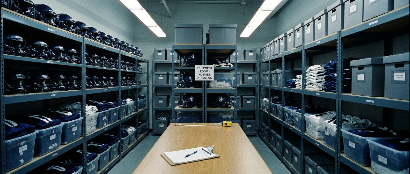 An organized athletic equipment storage room with shelves of helmets, folded jerseys, and boxed sports gear alongside a clipboard and measuring tape on a central table.