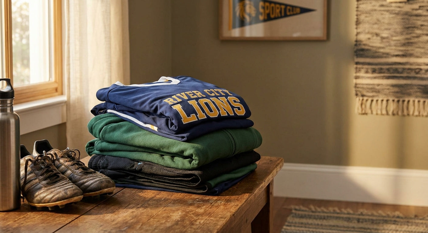 A stack of custom team athletic apparel and gear arranged neatly on a wooden surface in warm natural light.