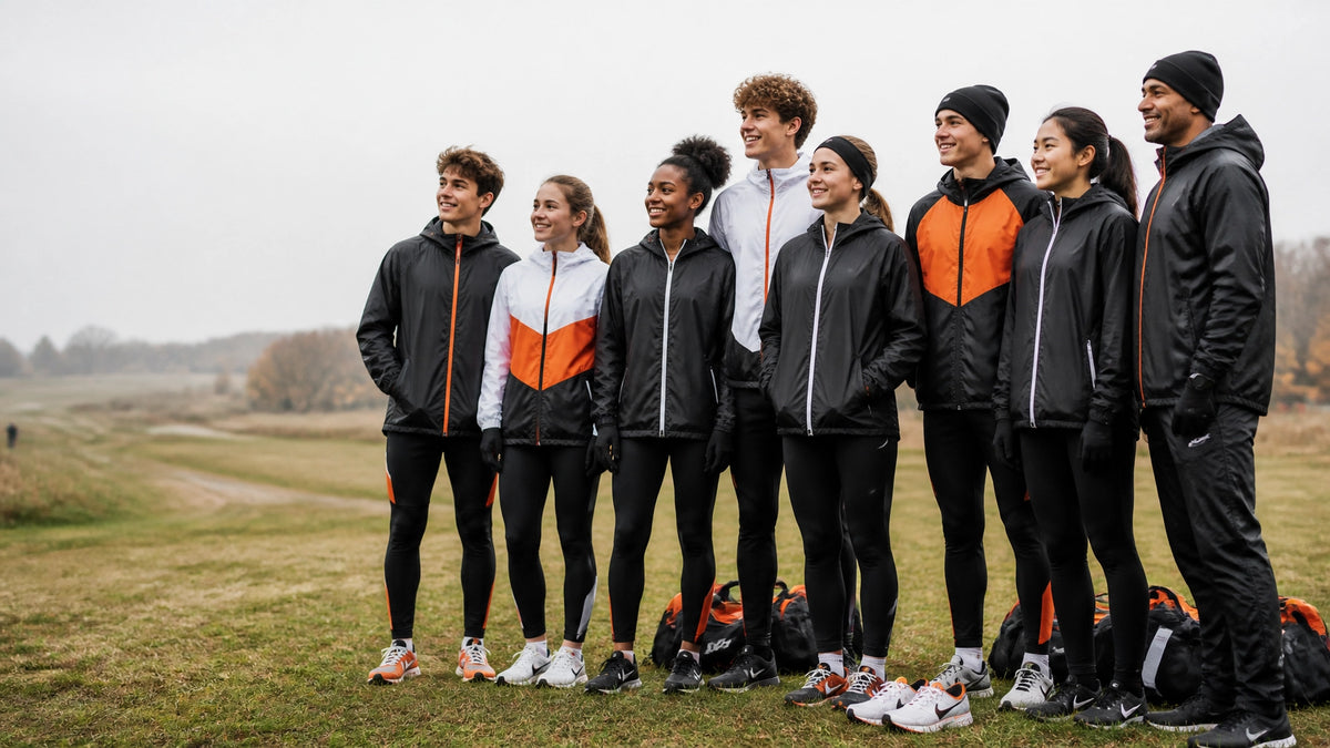Cross-country team wearing coordinated warm-ups and training layers at a fall meet