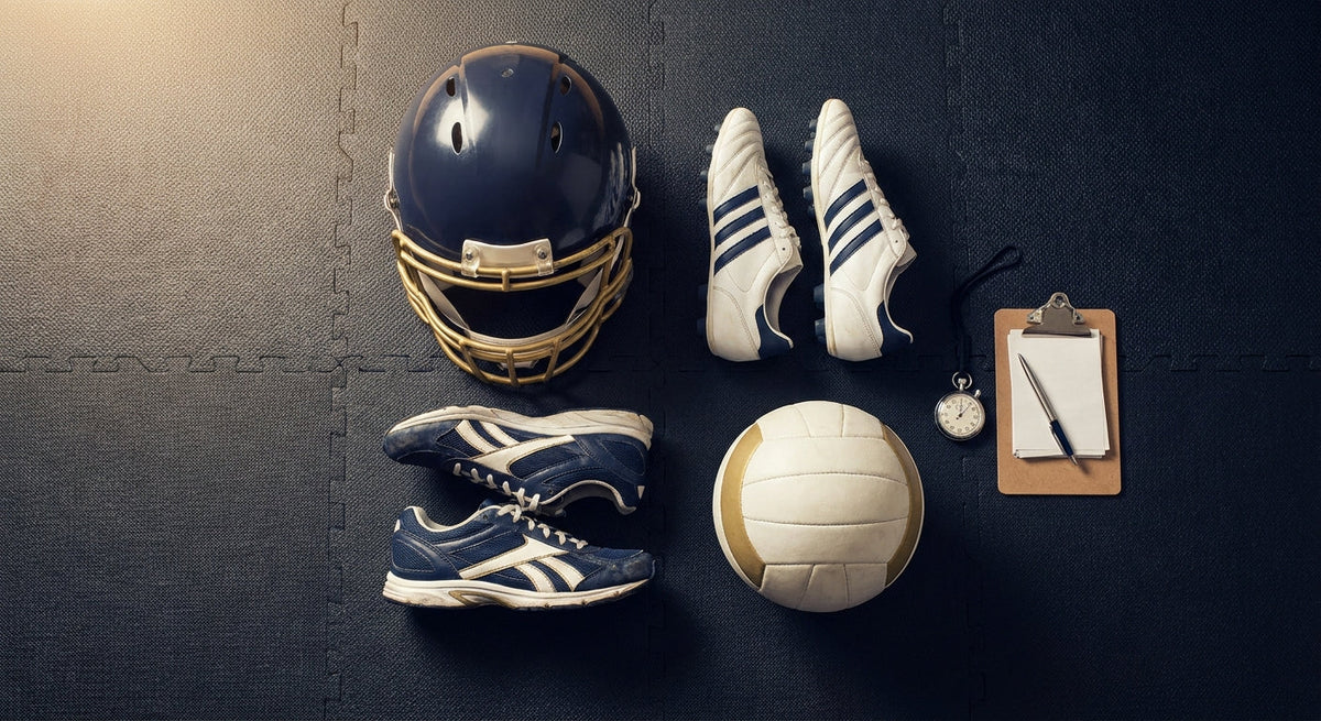 An organized flat lay of fall sports equipment including a football helmet, soccer cleats, running shoes, and a volleyball arranged alongside a clipboard on a dark athletic surface.