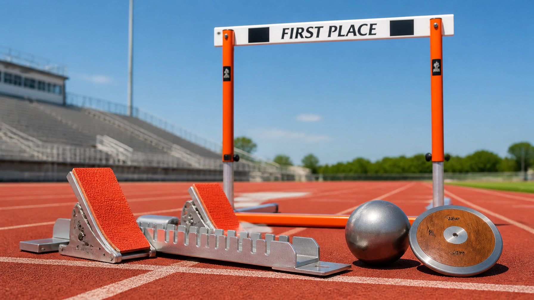 Aluminum starting blocks, a shot put, and a wooden discus beside an orange hurdle on an outdoor track under blue sky