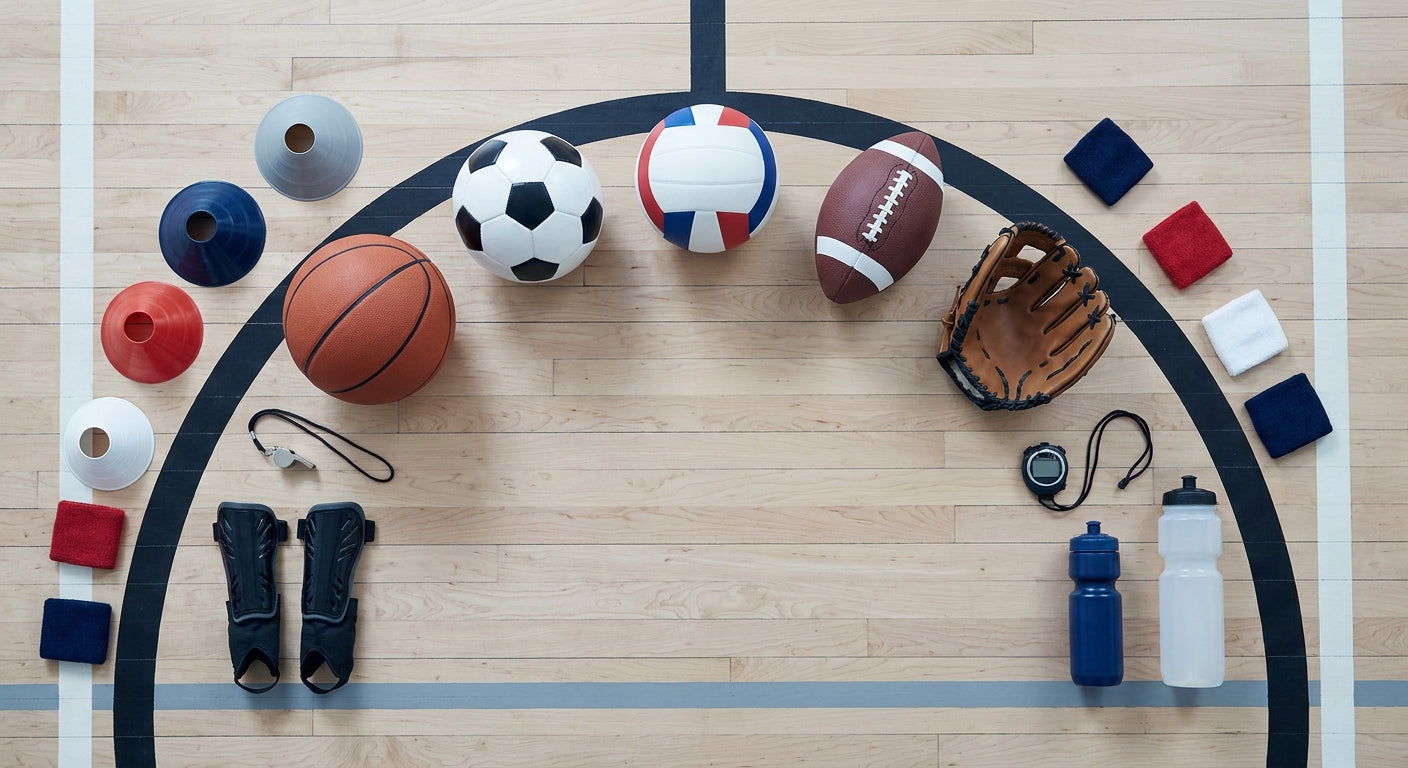 Overhead flat-lay of assorted middle school sports equipment including a basketball, soccer ball, volleyball, football, baseball glove, cones, and shin guards arranged neatly on a gymnasium floor.