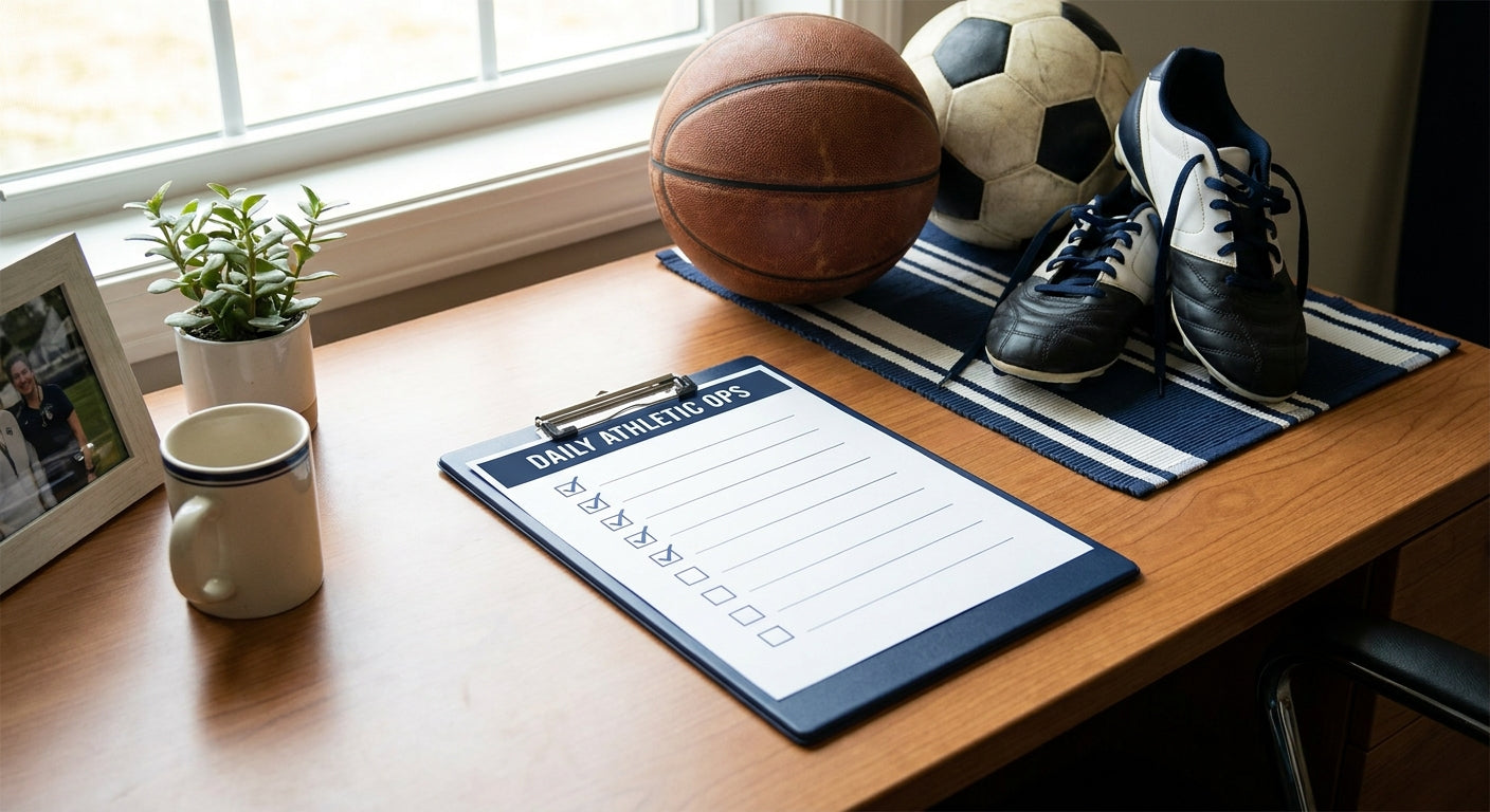 A well-organized athletic director's desk with a clipboard and neatly grouped sports equipment including a basketball, soccer ball, and cleats, bathed in soft natural light.