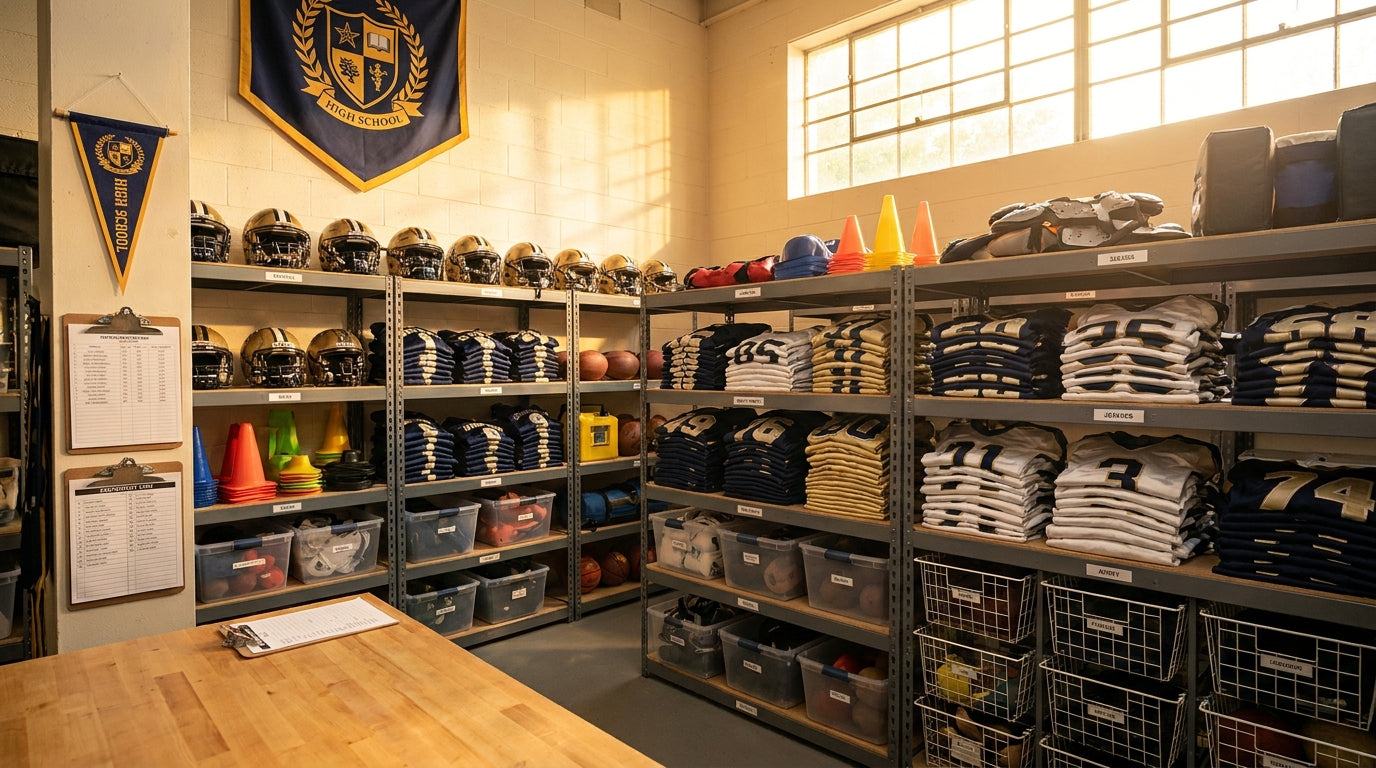 A sunlit athletic storage room with neatly organized rows of team jerseys and sports gear on metal shelving units, bathed in warm golden light.