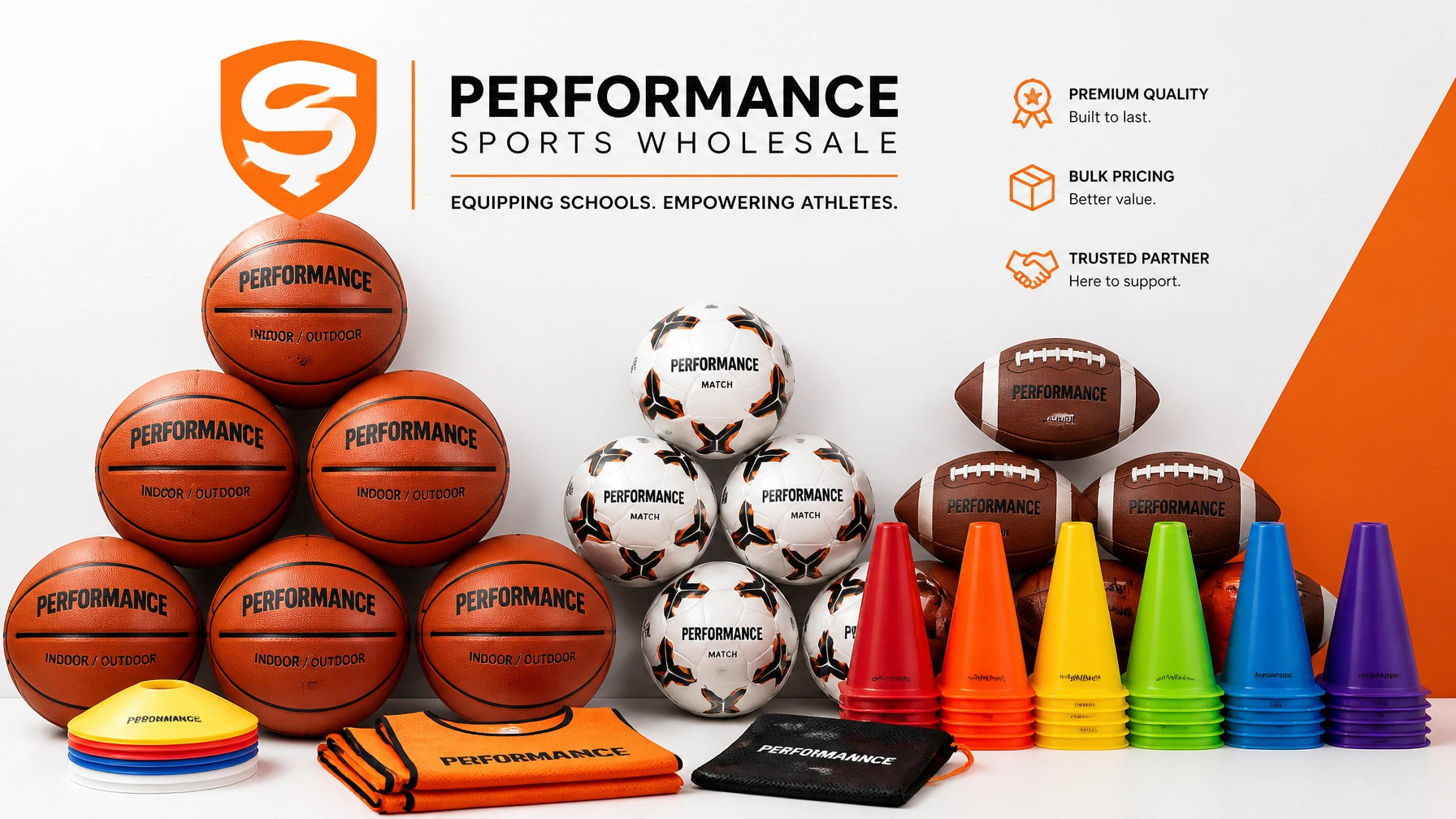 Pyramids of basketballs, soccer balls, and footballs beside stacks of colored training cones, disc markers, and folded pinnies