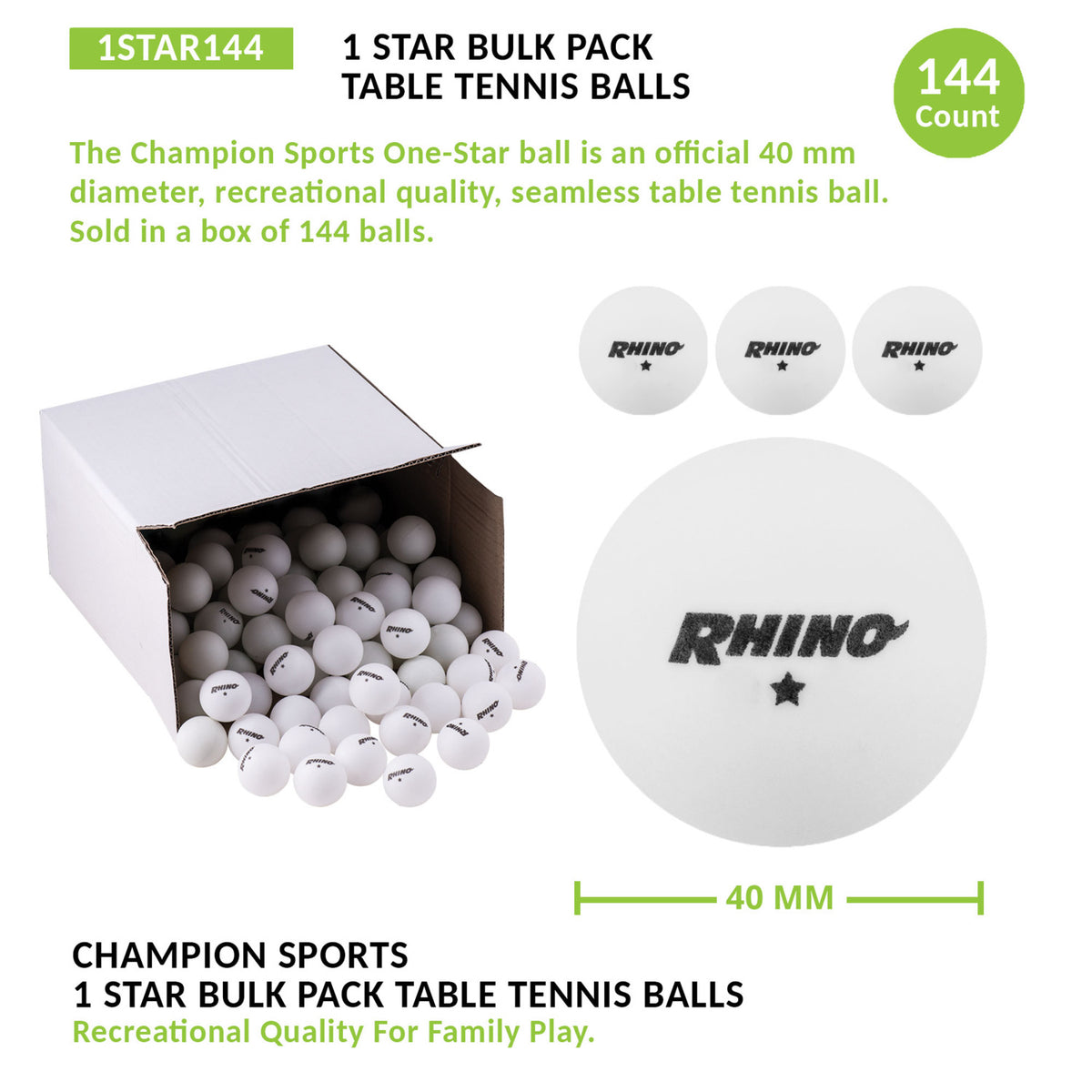 Champion Sports 1-Star Table Tennis Balls - Box of 144