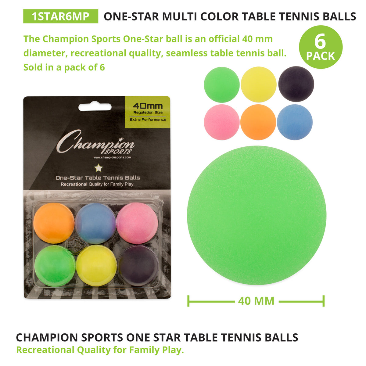 Champion Sports 1-Star Table Tennis Balls - Pack of 6