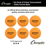 Champion Sports 3-Star Tournament Table Tennis Balls - Pack of 6