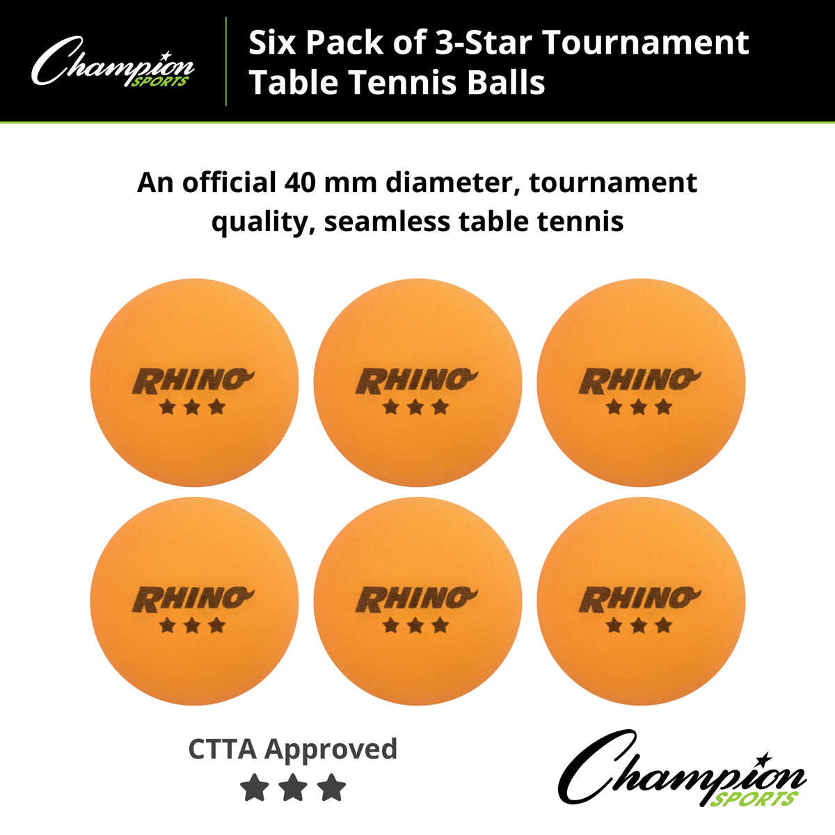 Champion Sports 3-Star Tournament Table Tennis Balls - Pack of 6