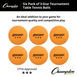 Champion Sports 3-Star Tournament Table Tennis Balls - Pack of 6