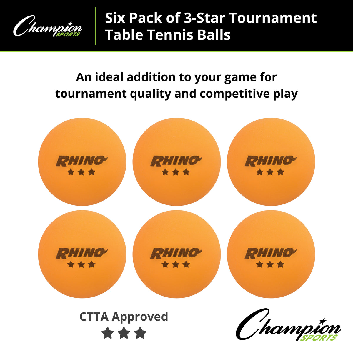 Champion Sports 3-Star Tournament Table Tennis Balls - Pack of 6