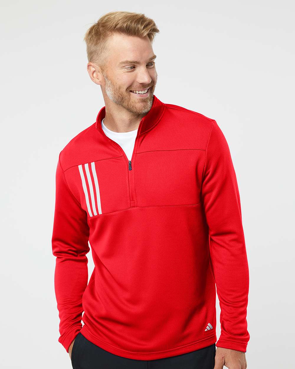 Men's 3-Stripes Double-Knit Quarter-Zip Pullover - Team Collegiate Red/ Grey Two
