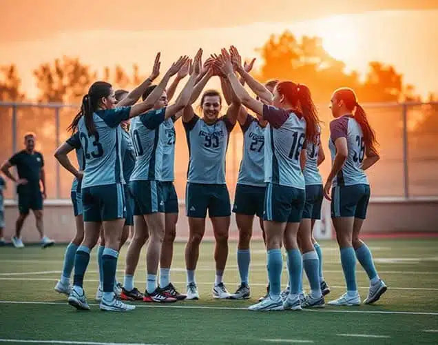 Youth athletes in team uniforms celebrating together