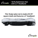Champion Sports 18-Ply Badminton Net, 2" Headband