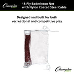Champion Sports 18-Ply Badminton Net with Nylon-Coated Steel Cable