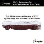 Champion Sports 18-Ply Badminton Net with Nylon-Coated Steel Cable