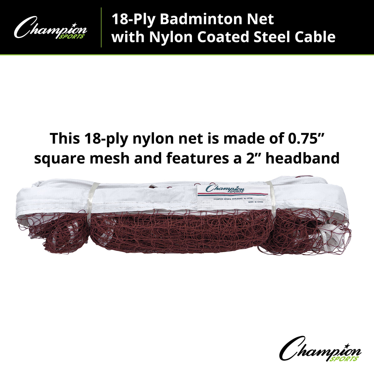 Champion Sports 18-Ply Badminton Net with Nylon-Coated Steel Cable