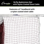 Champion Sports 18-Ply Badminton Net with Nylon-Coated Steel Cable