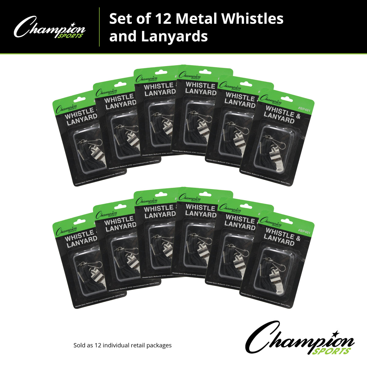 Champion Sports Metal Whistle and Lanyard Set - Dozen