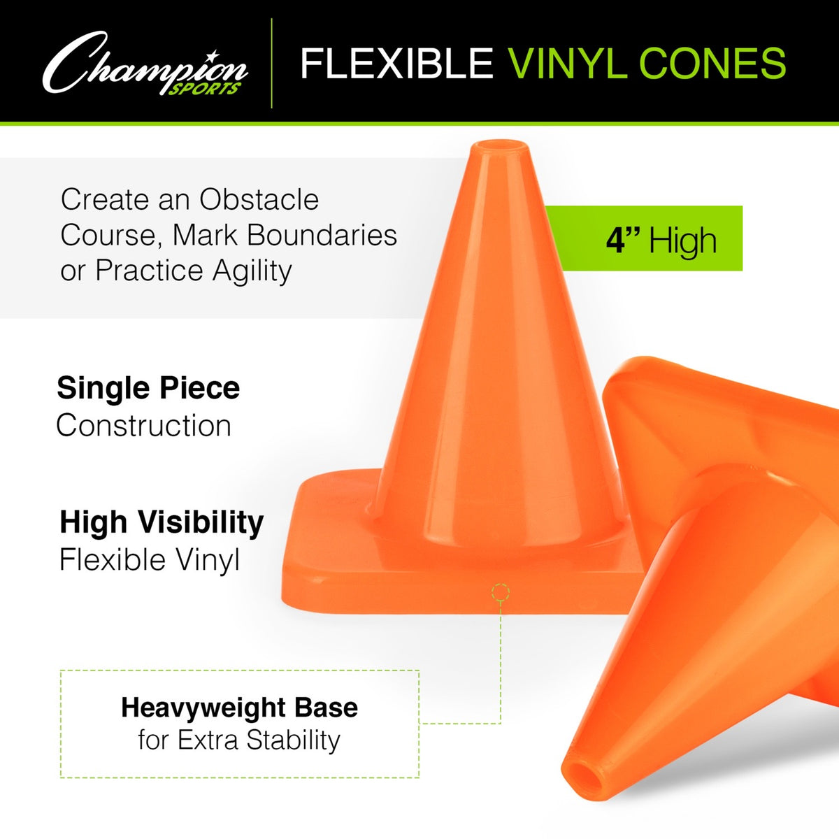 Champion Sports 4"H High-Visibility Flexible Vinyl Cone