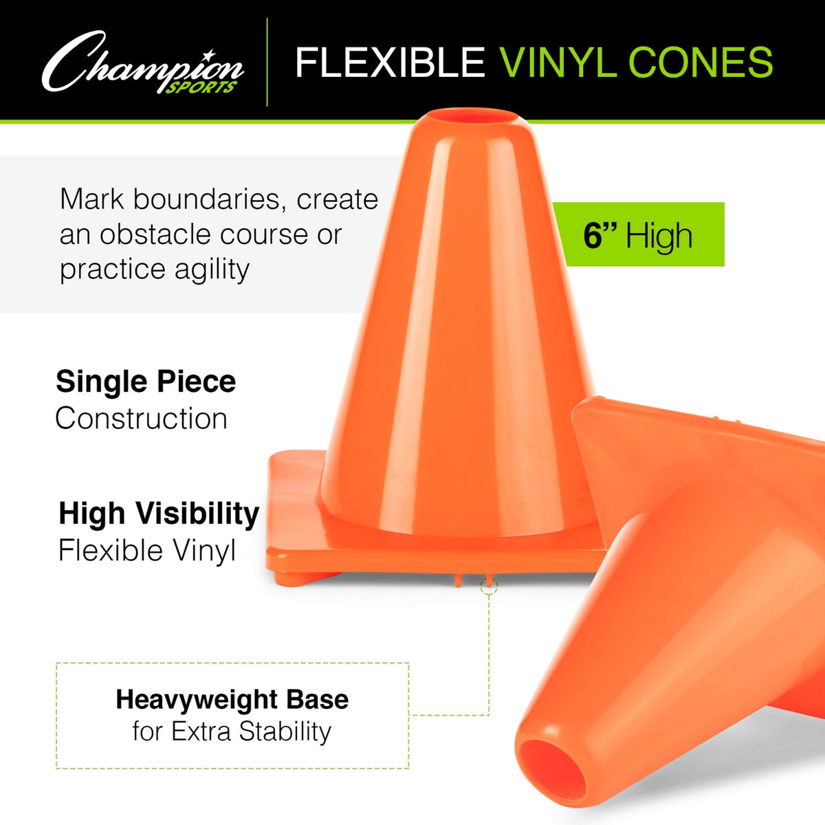 Champion Sports 6" High-Visibility Flexible Vinyl Cone