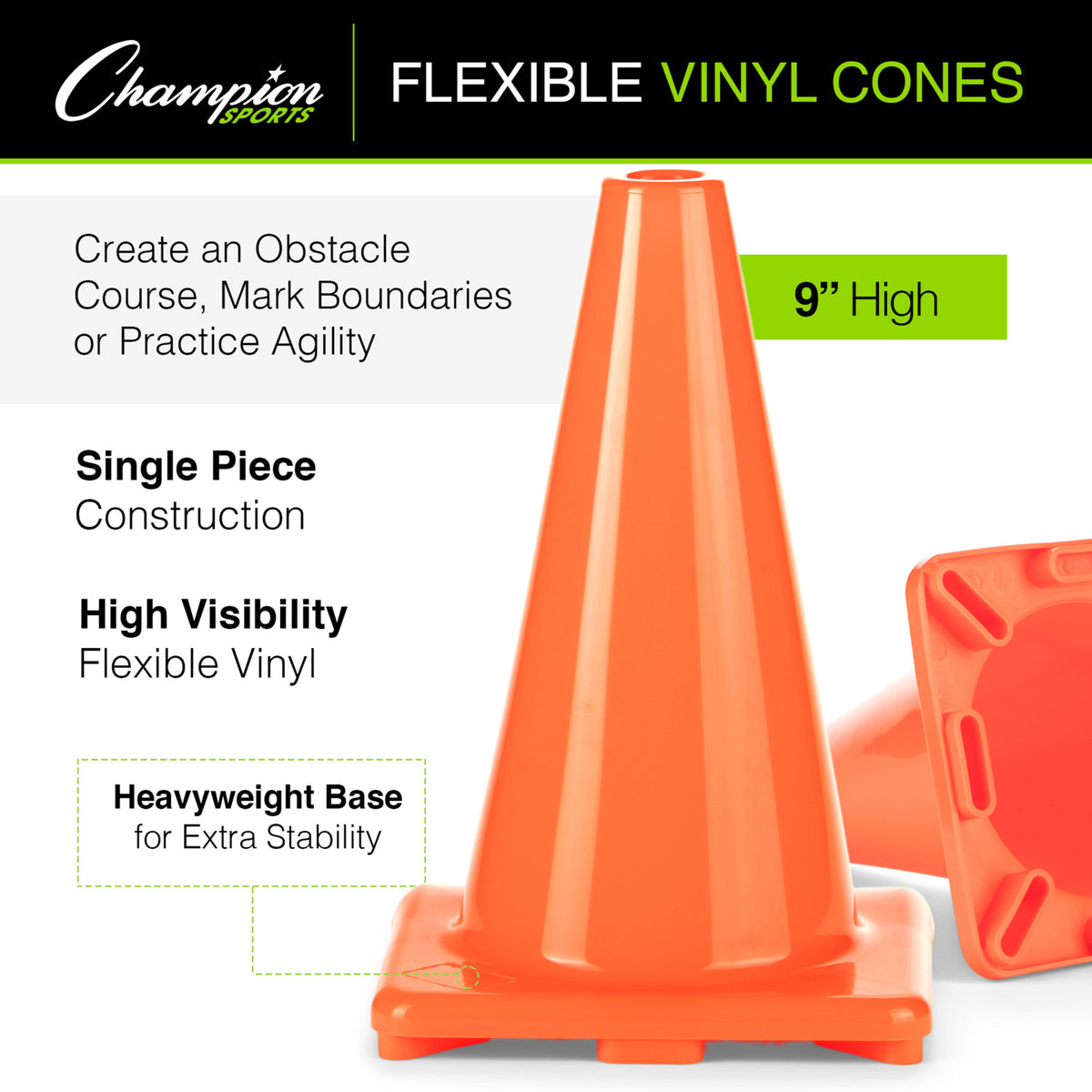 Champion Sports 9"H High-Visibility Flexible Vinyl Cone