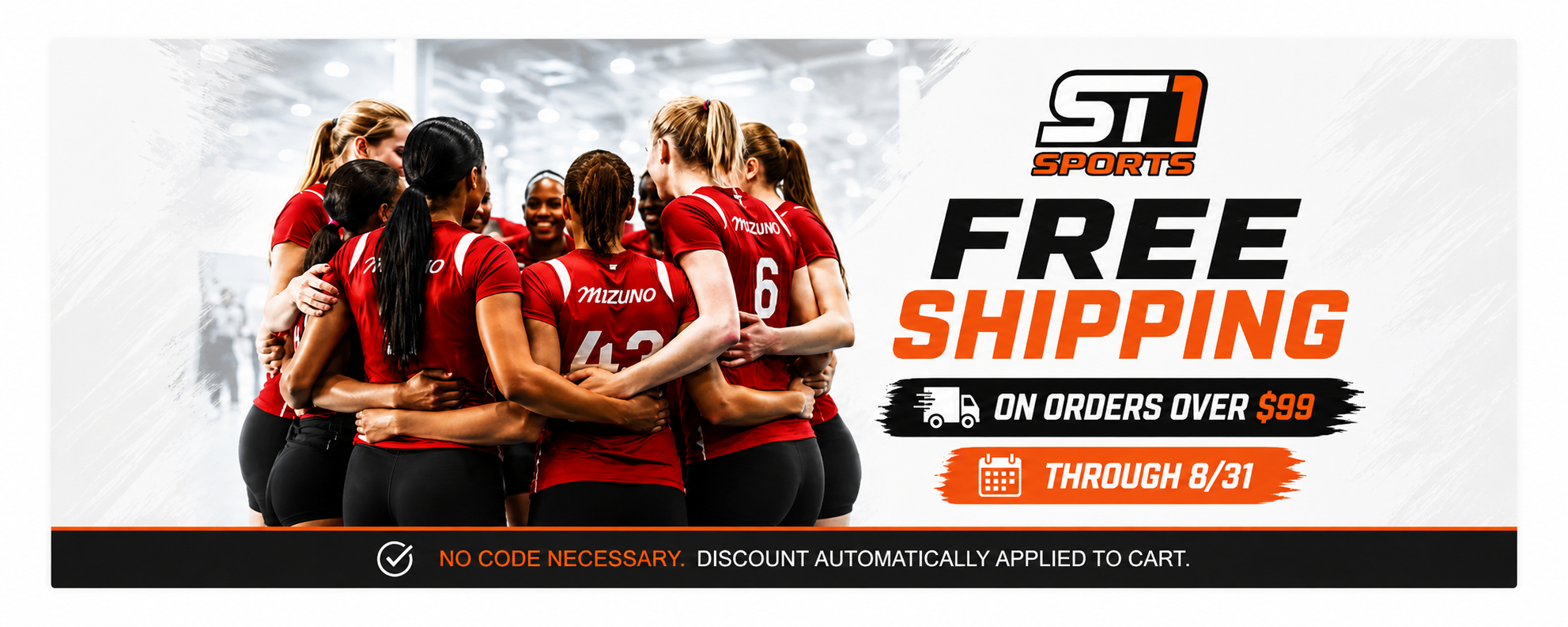 A promotional banner for STI Sports featuring a group of female athletes in red jerseys hugging on the left, with large text on the right reading 'FREE SHIPPING ON ORDERS OVER $99 THROUGH 8/31'.
