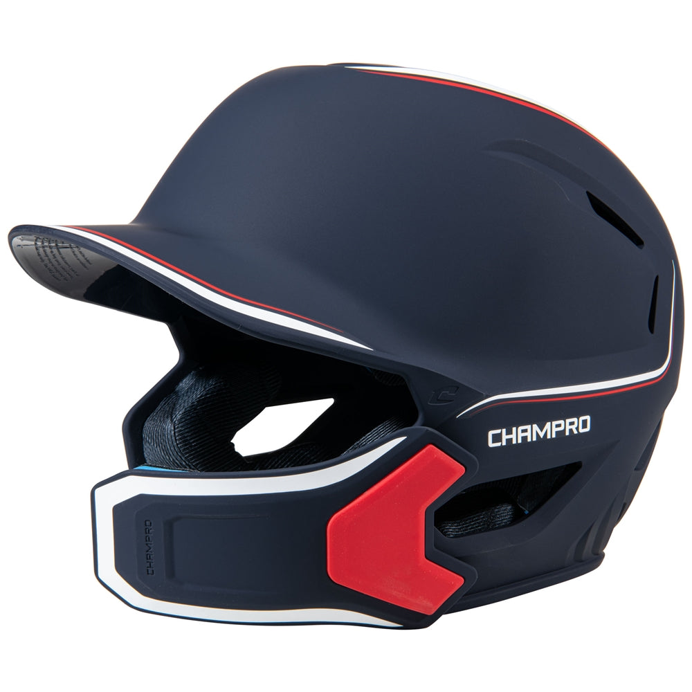 Champro HXE Two-Tone Matte Batting Helmet w/Jaw Guard - Navywhitescarlet