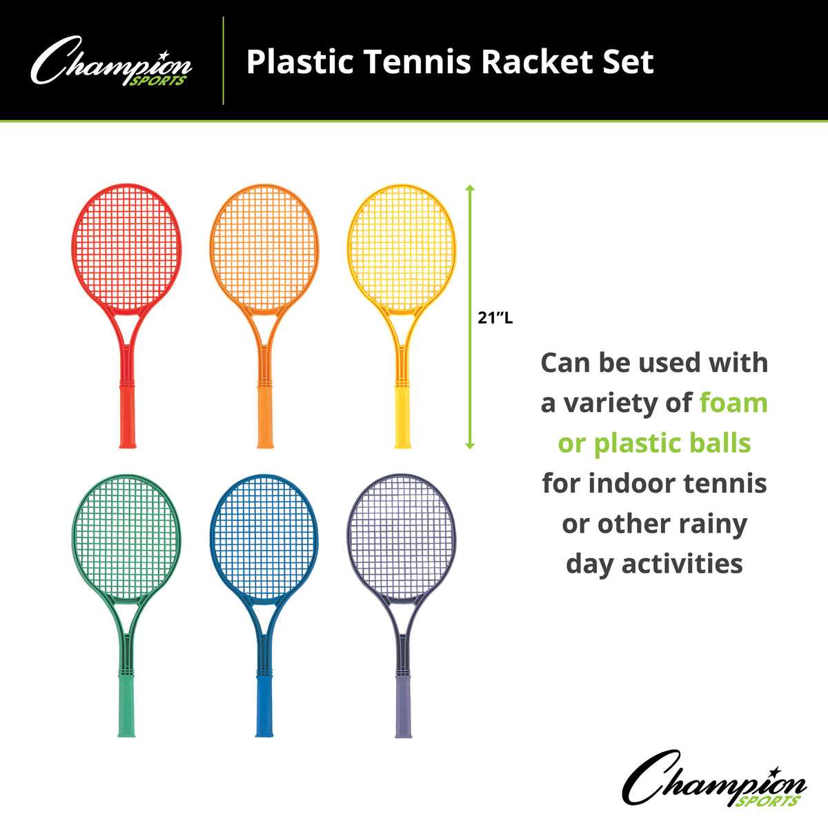 Champion Sports Plastic Tennis Racket Set - Set of 6