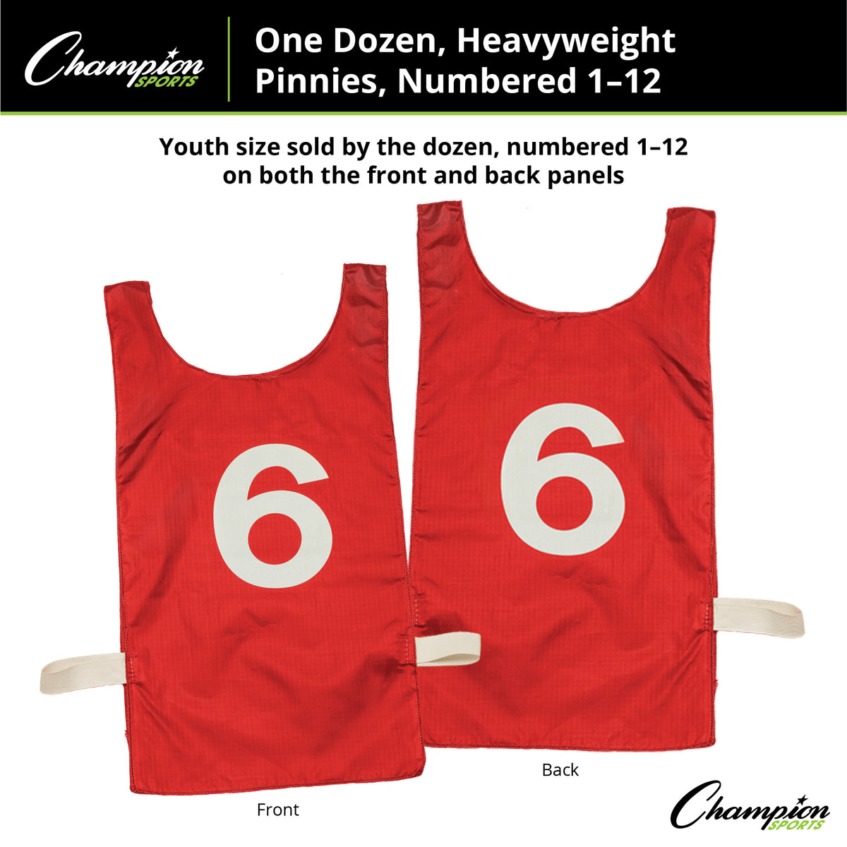 Champion Sports Numbered Heavyweight Nylon Pinnies, Youth - Dozen