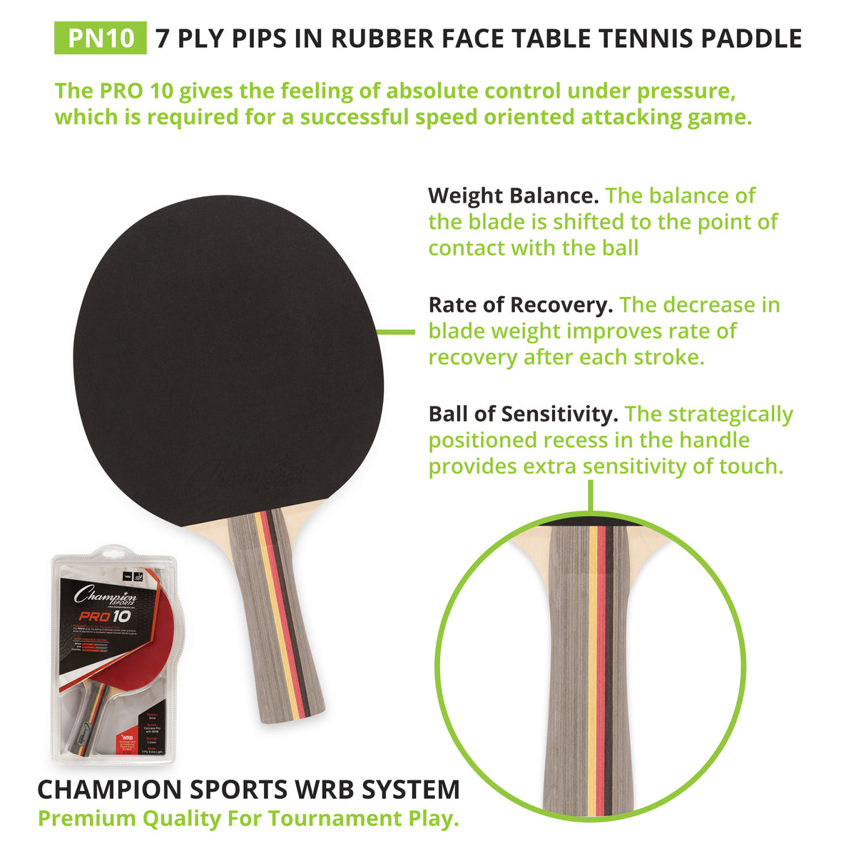 Champion Sports 7-Ply Pips-In Rubber Face Table Tennis Paddle 3-4-7