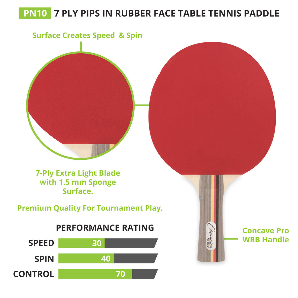 Champion Sports 7-Ply Pips-In Rubber Face Table Tennis Paddle 3-4-7