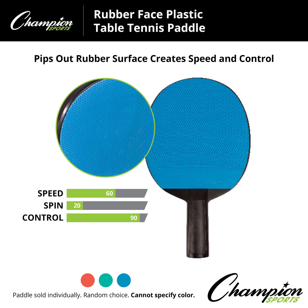 Champion Sports Rubber Face Plastic Table Tennis Paddle