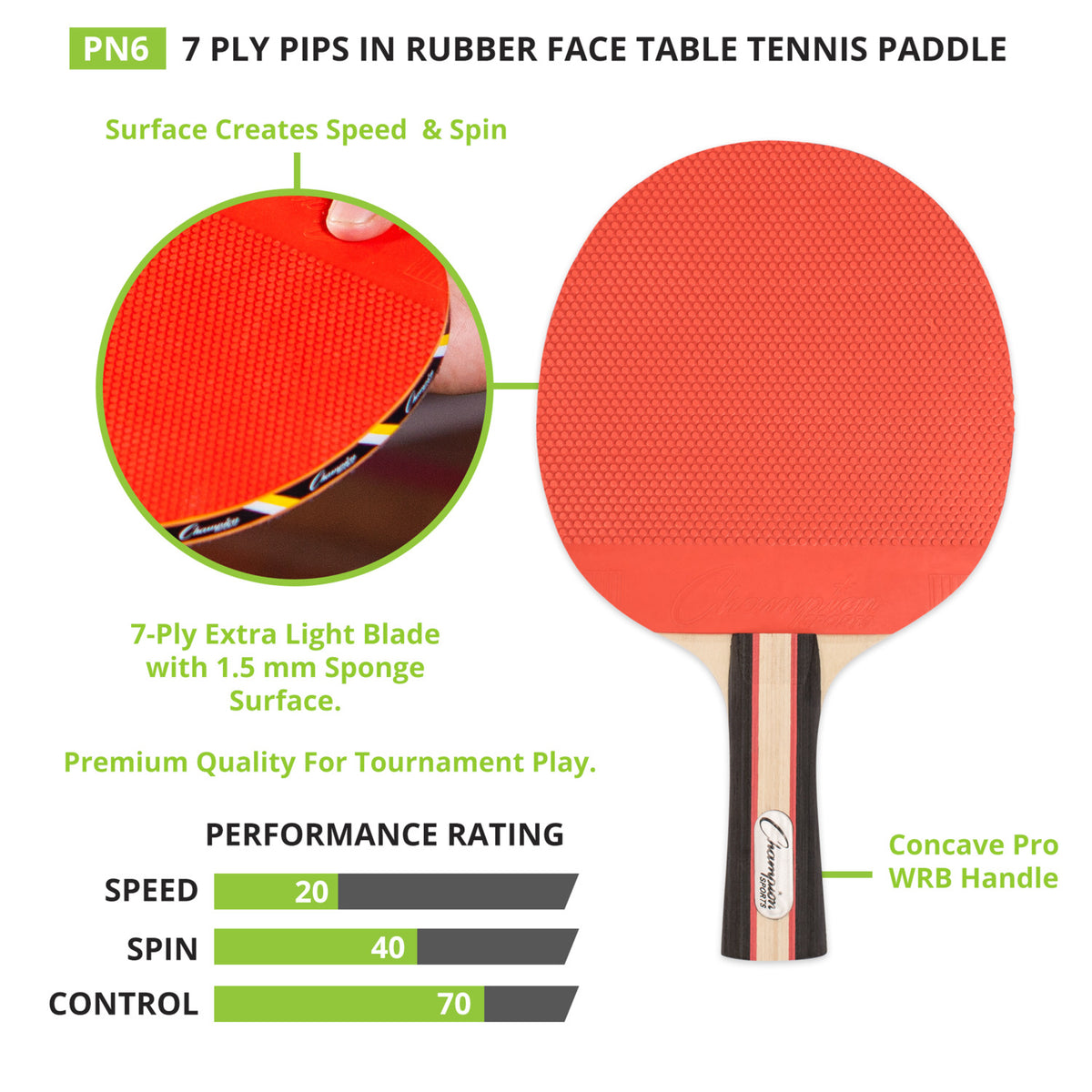 Champion Sports Pro 9 7-Ply Pips-Out Table Tennis Paddle