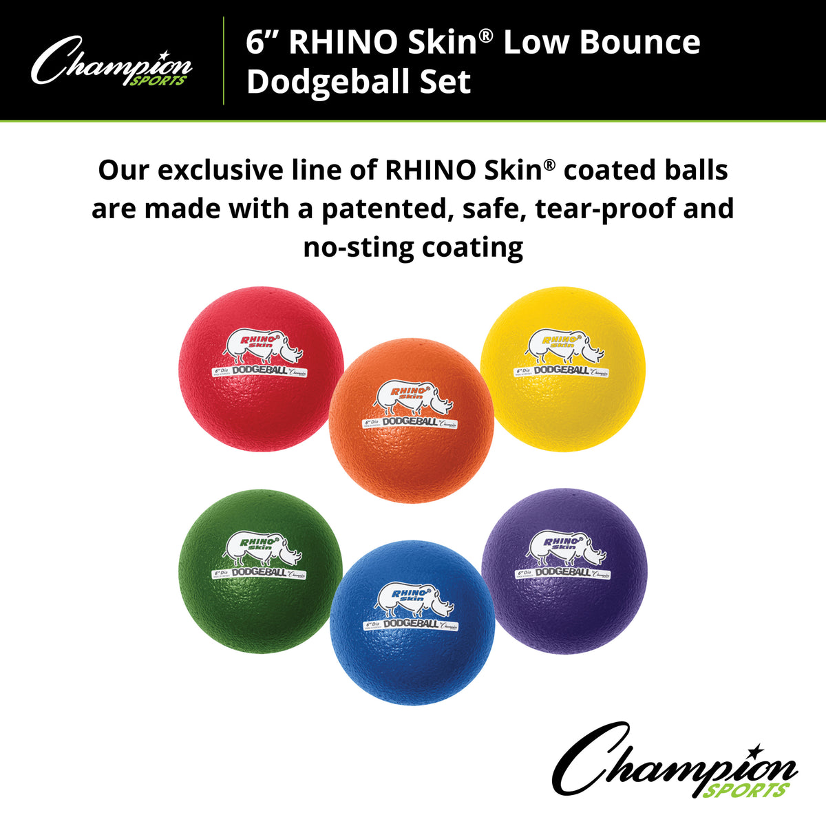 Champion Sports Rhino Skin 6" Low Bounce Dodgeball - Set of 6
