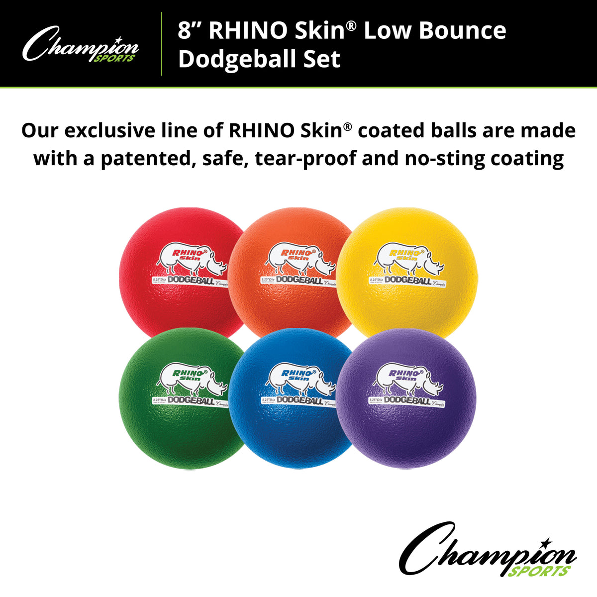 Champion Sports Rhino Skin 8" Low Bounce Dodgeball - Set of 6