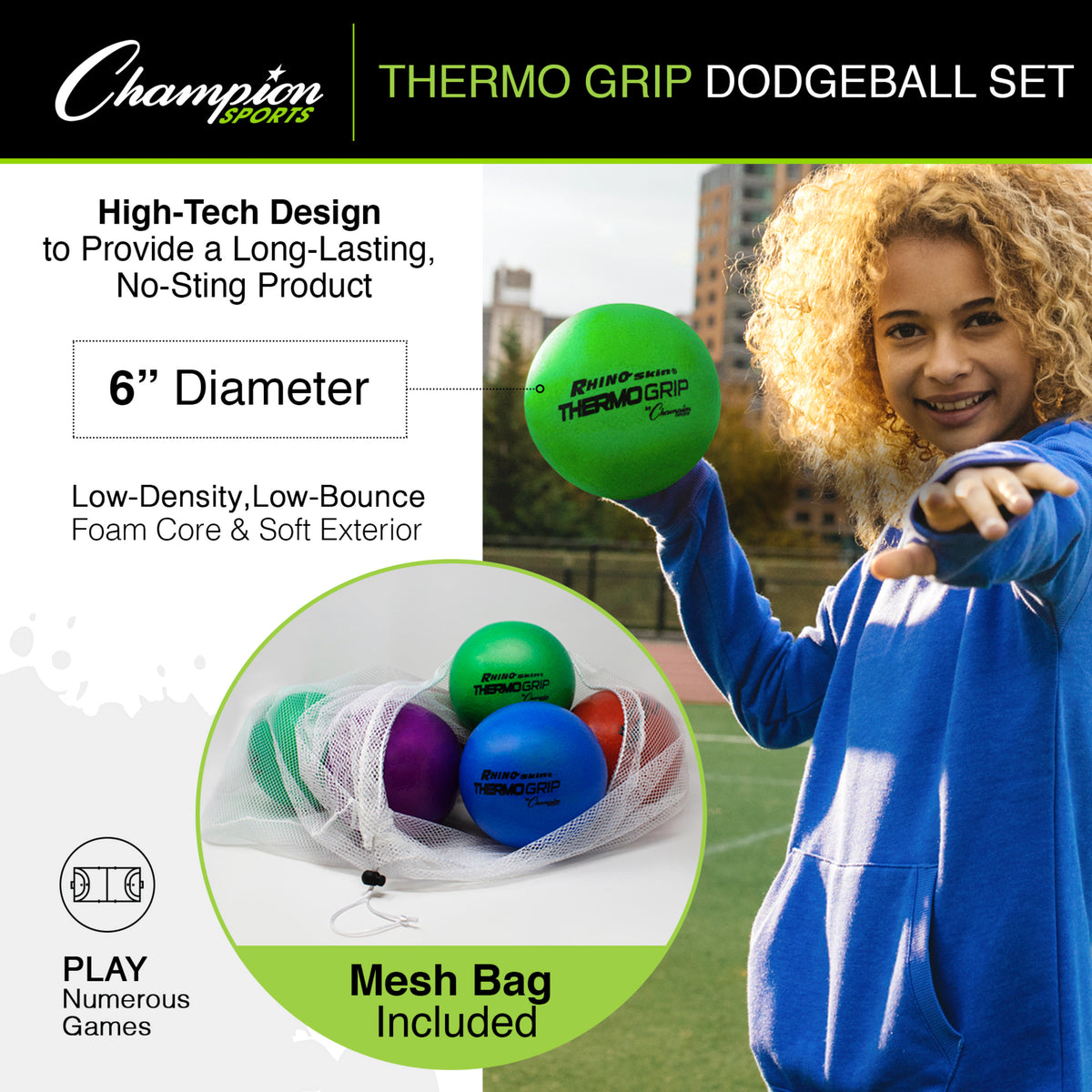 Champion Sports Rhino Skin Thermo Grip Dodgeball Set - Set of 6