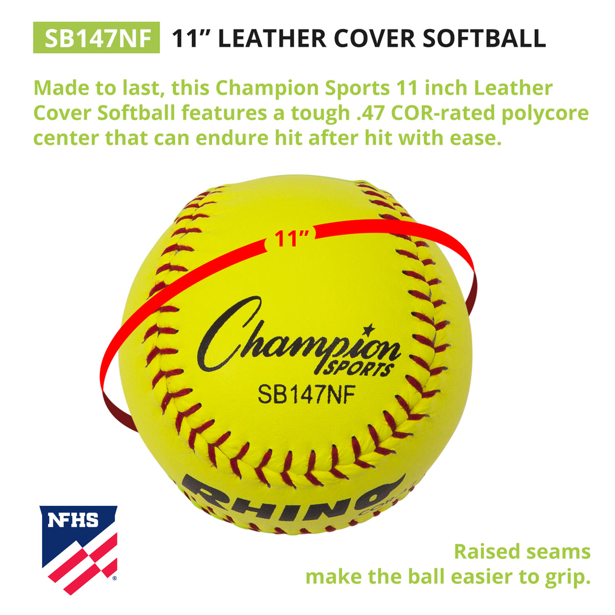 Champion Sports 11" Leather Poly Core Softball, NFHS Approved - Dozen