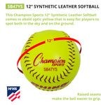 Champion Sports 12" Synthetic Leather Poly Core Softball, NFHS Approved - Dozen