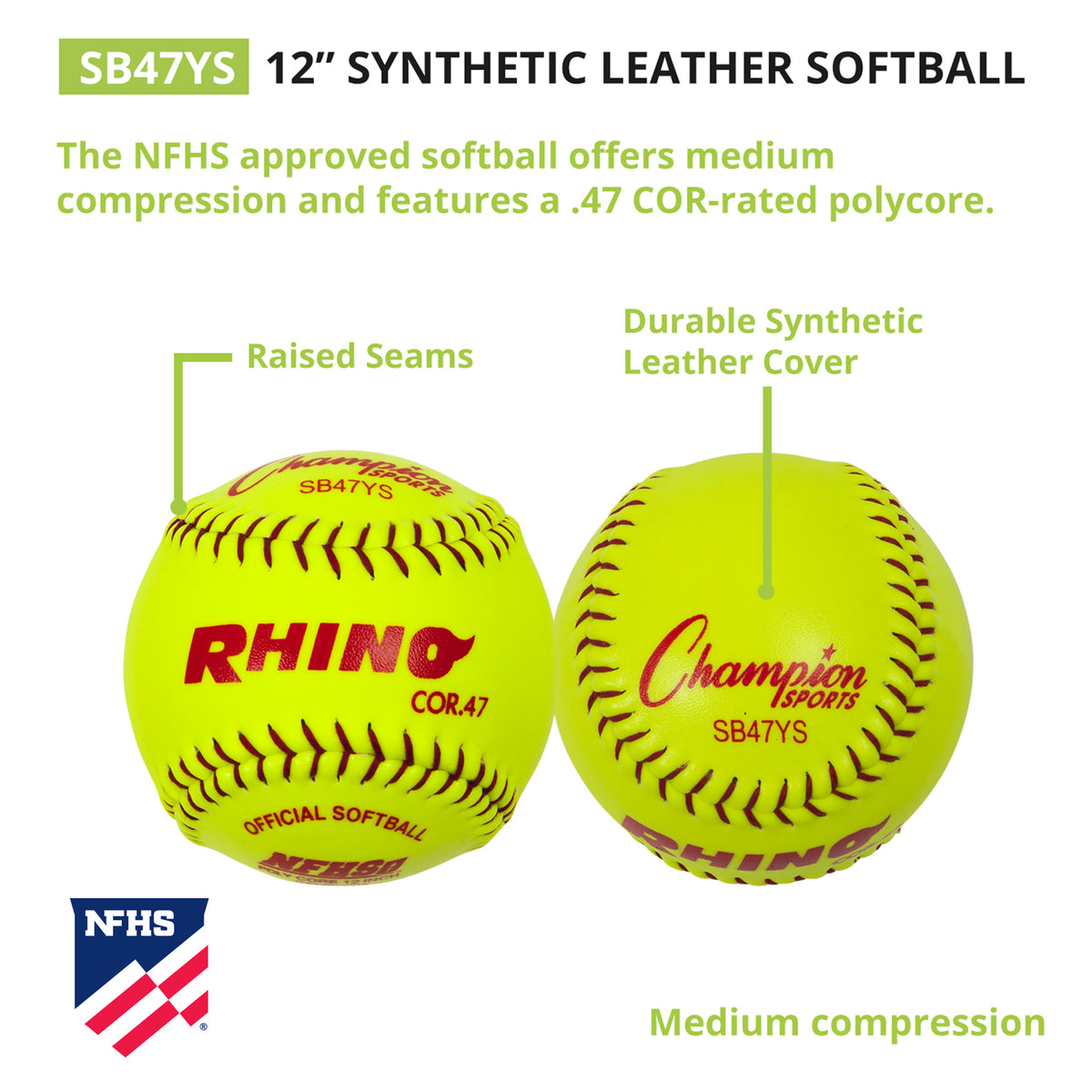Champion Sports 12" Synthetic Leather Poly Core Softball, NFHS Approved - Dozen