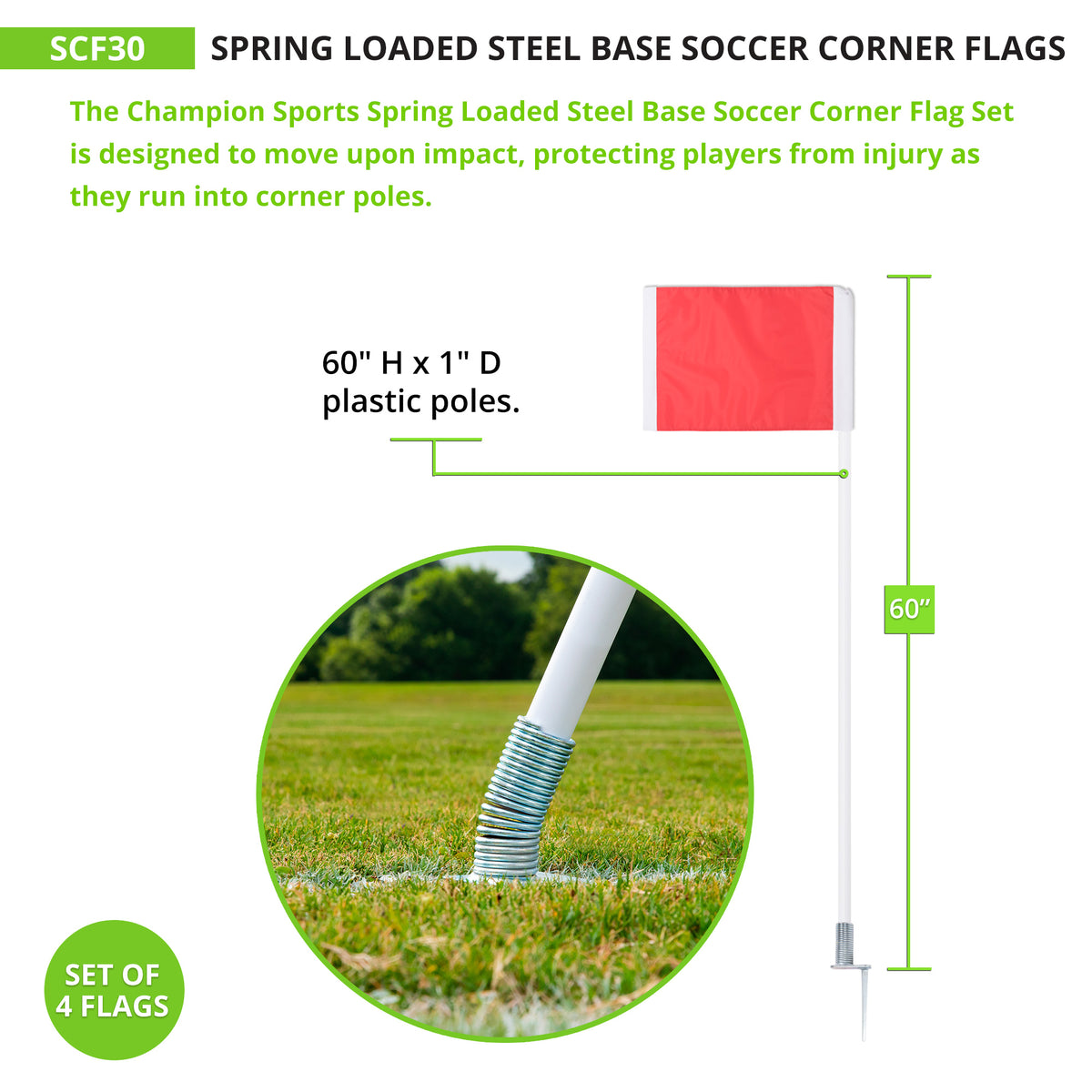 Champion Sports Spring Loaded Steel Peg Soccer Corner Flags - Set of 4