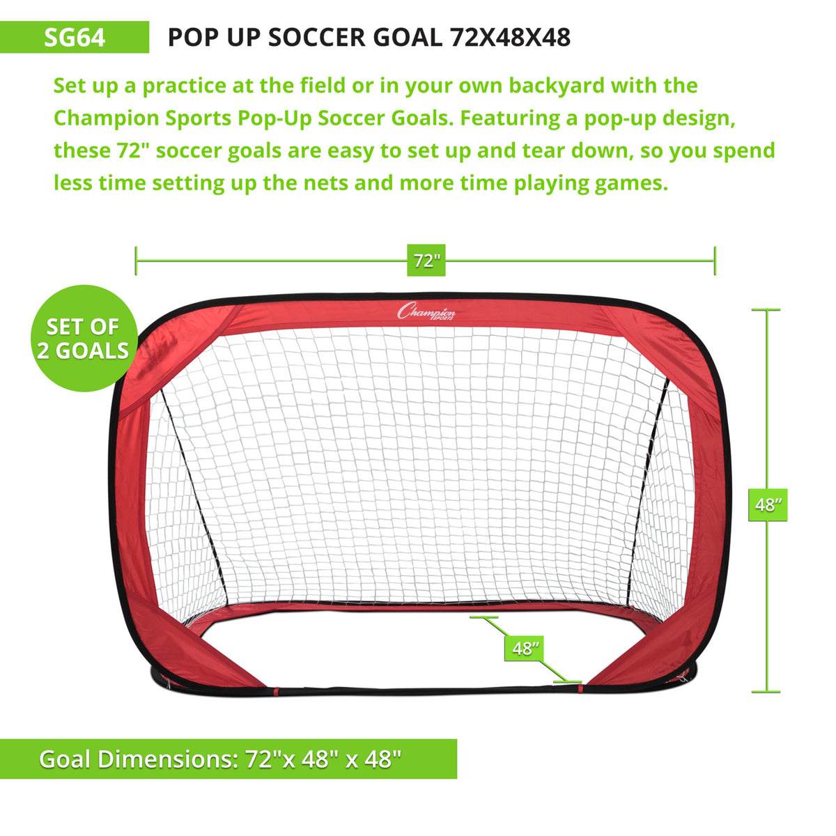 Champion Sports Pop-Up Soccer Goal, 6' x 4' - Pair