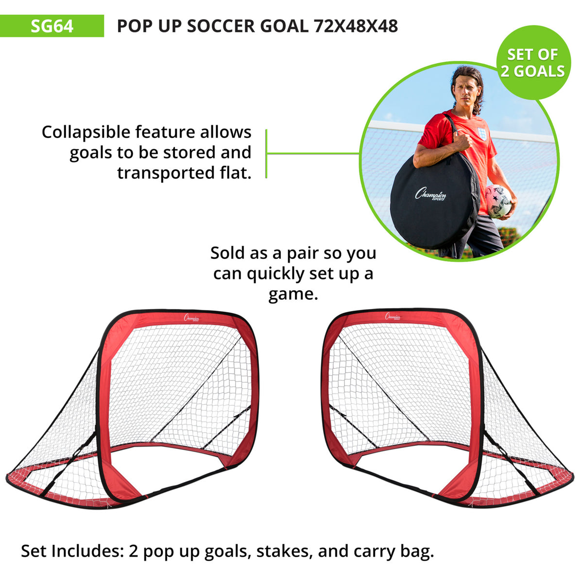 Champion Sports Pop-Up Soccer Goal, 6' x 4' - Pair