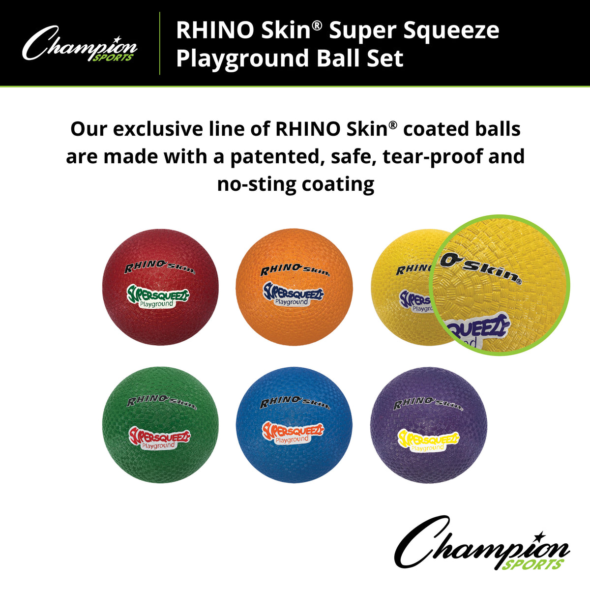 Champion Sports Rhino Skin Super Squeeze Playground Ball Set - Set of 6