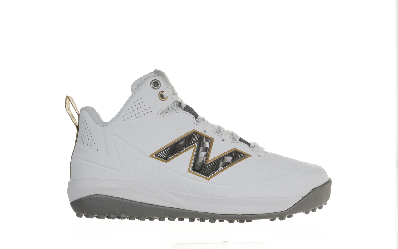 New Balance Youth Ohtani v2 Mid Turf – White/Gold/Baseball Silver Grey (POHTA7VR)